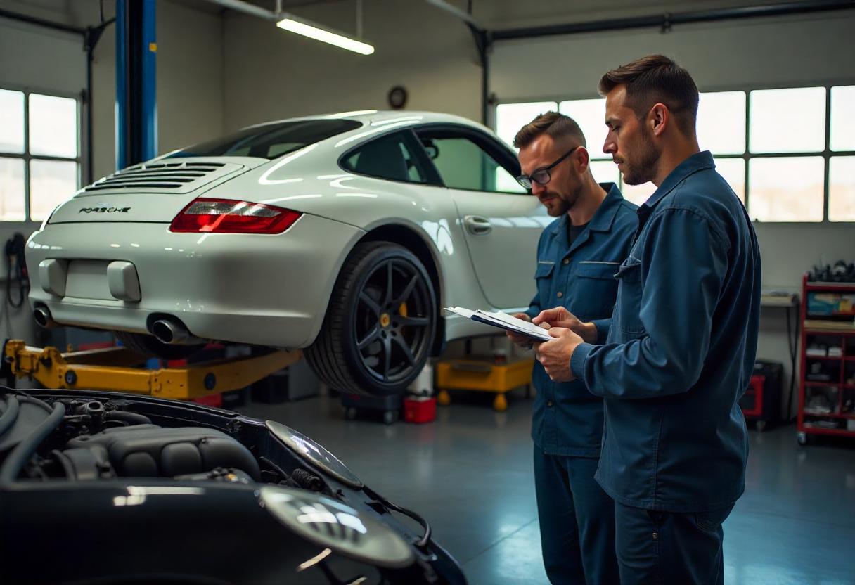 Reparaturkosten bei Porsche mit Motorschaden – Werkstatt mit Hebebühne und ausgebautem Motor