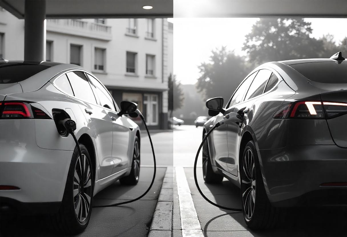 Ladezeiten und Tankzeiten im Vergleich – Infrastrukturunterschiede sichtbar gemacht Elektroauto an Schnellladestation und Verbrenner an Tankstelle – symbolischer Vergleich von Ladezeit und Tankdauer
