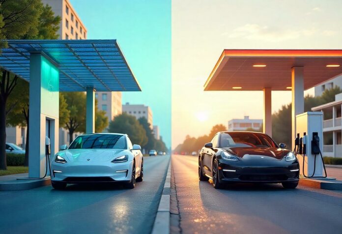 Vergleich zwischen Elektroauto an Ladesäule und Verbrenner an Tankstelle – zukunftsorientierte Antriebstechnologien im Bild dargestellt